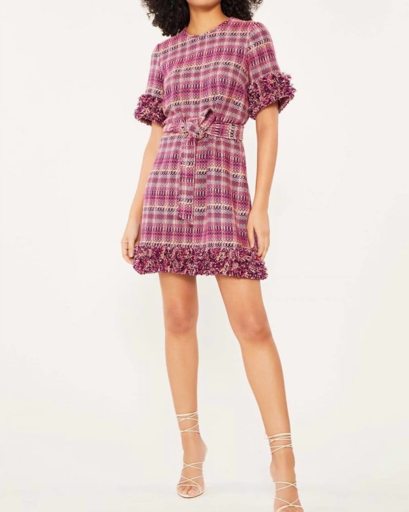 Front of a model wearing a size 10 Boxweave Easton Dress In Pink Candy Multi in Pink Candy Multi by cinq a sept. | dia_product_style_image_id:344581